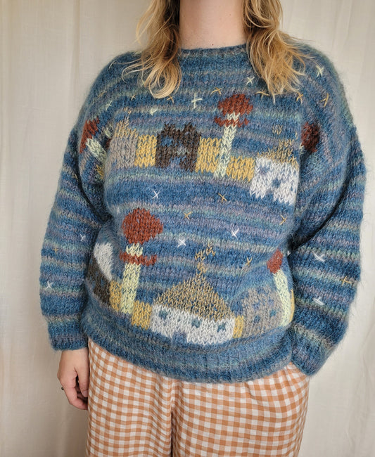 🌌 Whispers of the Midnight Town - vintage handmade knitted sweater with town landscape - size M/L