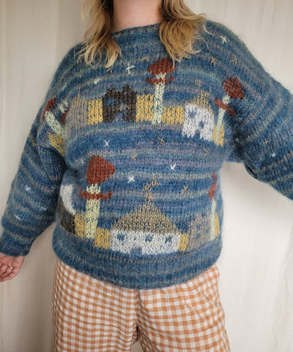 🌌 Whispers of the Midnight Town - vintage handmade knitted sweater with town landscape - size M/L