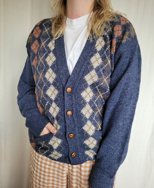 ☕️ Coffee by the Window - vintage dark blue cardigan with argyle pattern - size M/L