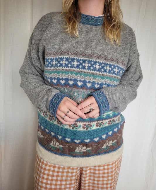 🌫️ Under Soft Blue Shadows - vintage knitted woolen sweater with patterns - size M/L