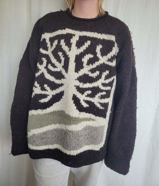 🍂 Under Bare Branches - vintage dark brown Pachamama knit with tree image - size XXL