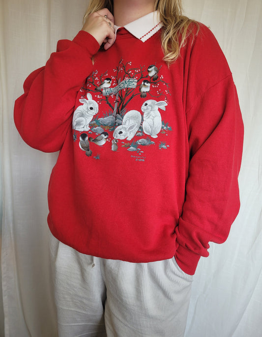 🍓 Sweet Sunday Memories - vintage crewneck sweater with bunnies and birds - size XL