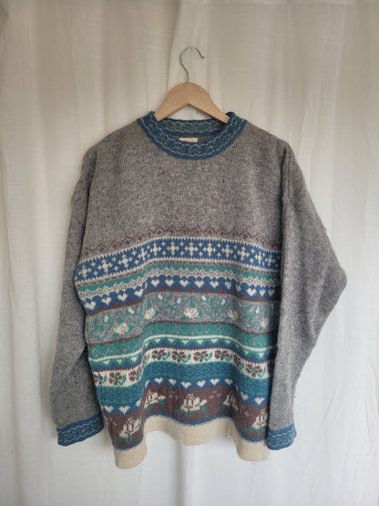 🌫️ Under Soft Blue Shadows - vintage knitted woolen sweater with patterns - size M/L