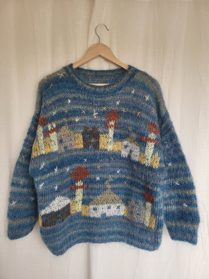 🌌 Whispers of the Midnight Town - vintage handmade knitted sweater with town landscape - size M/L