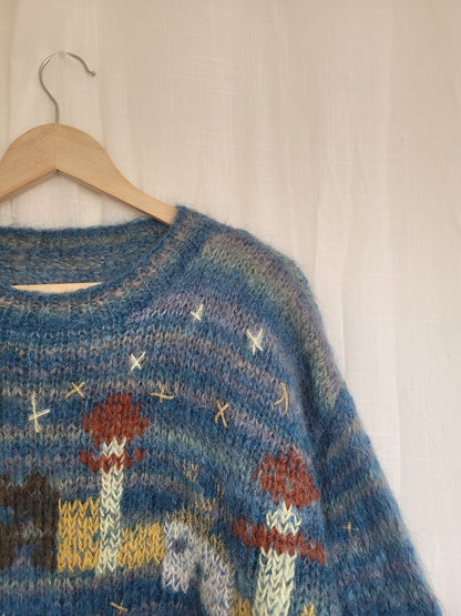 🌌 Whispers of the Midnight Town - vintage handmade knitted sweater with town landscape - size M/L