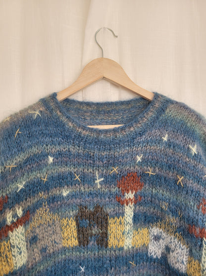🌌 Whispers of the Midnight Town - vintage handmade knitted sweater with town landscape - size M/L