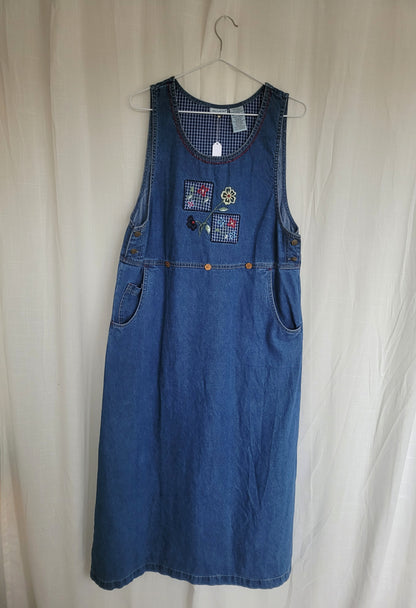🌼 After School Blooms - vintage denim dress with embroidered flower details - size M