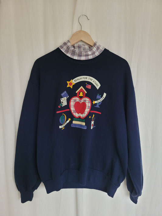 💙 A+ Sweater Club - vintage crewneck sweater with school themed images - size L