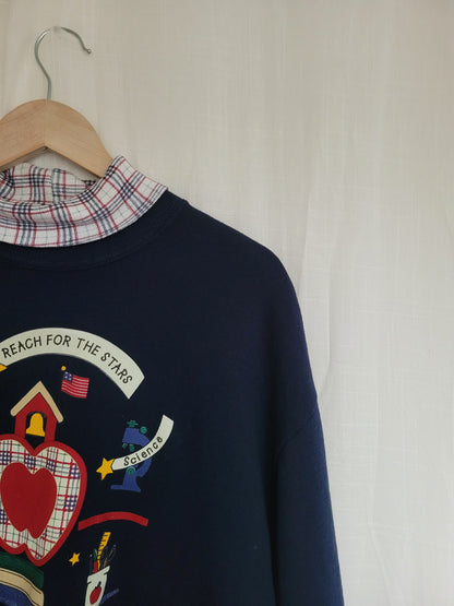 💙 A+ Sweater Club - vintage crewneck sweater with school themed images - size L