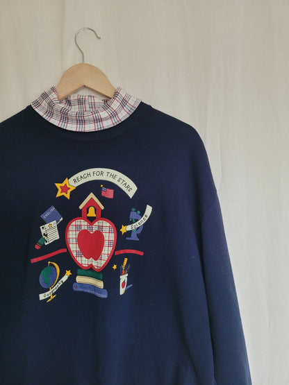 💙 A+ Sweater Club - vintage crewneck sweater with school themed images - size L