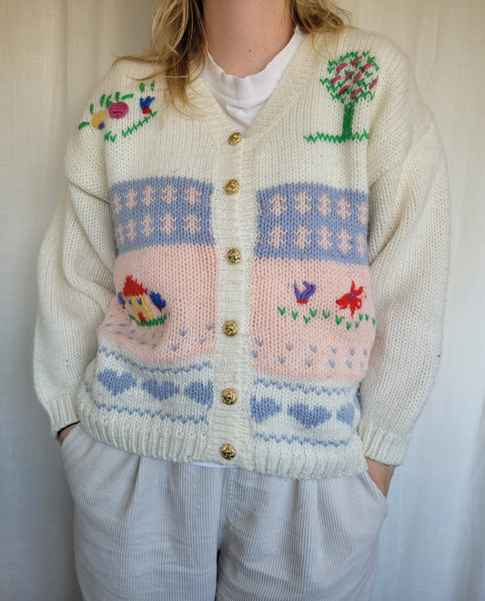 🏡 Homespun Hearts & Meadows - vintage knitted landscape cardigan - size M/L