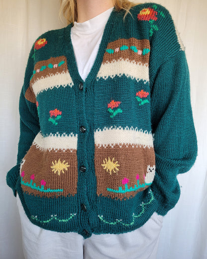 🌼 Whiskers in the Wildflower Patch - vintage knitted cardigan with cats and flowers - size XL