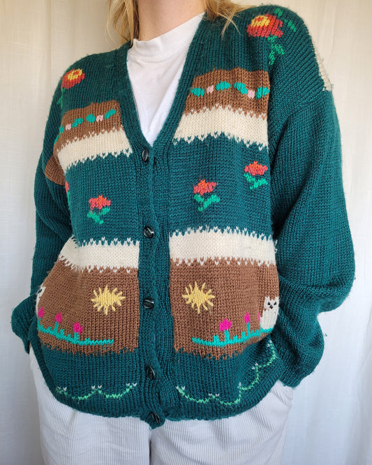🌼 Whiskers in the Wildflower Patch - vintage knitted cardigan with cats and flowers - size XL