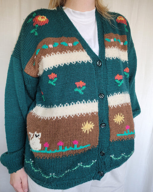 🌼 Whiskers in the Wildflower Patch - vintage knitted cardigan with cats and flowers - size XL