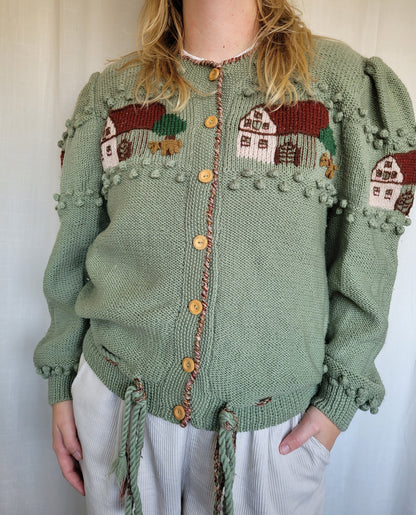 🏡 Farm in the Meadow - vintage knitted cardigan with farm design - size L