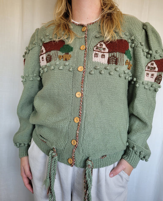 🏡 Farm in the Meadow - vintage knitted cardigan with farm design - size L