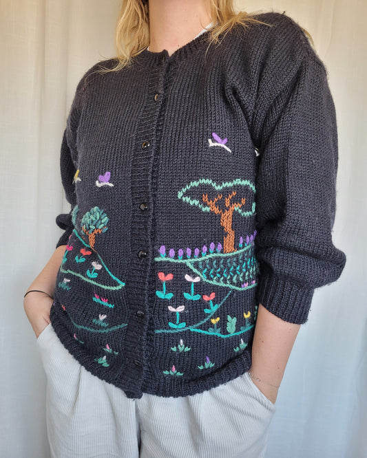 📖 Storybook Village - vintage knitted cardigan with colorful village details - size M