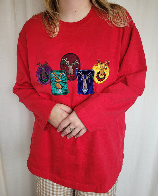 🦌 Reindeer Portraits - vintage red crewneck sweater with embroidered reindeer - size XXL