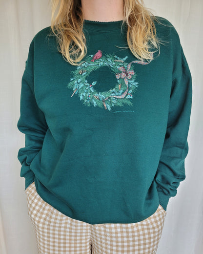 ❤️ Cardinal Christmas Wreath - vintage dark green crewneck sweater with wreath and red birds - size XL