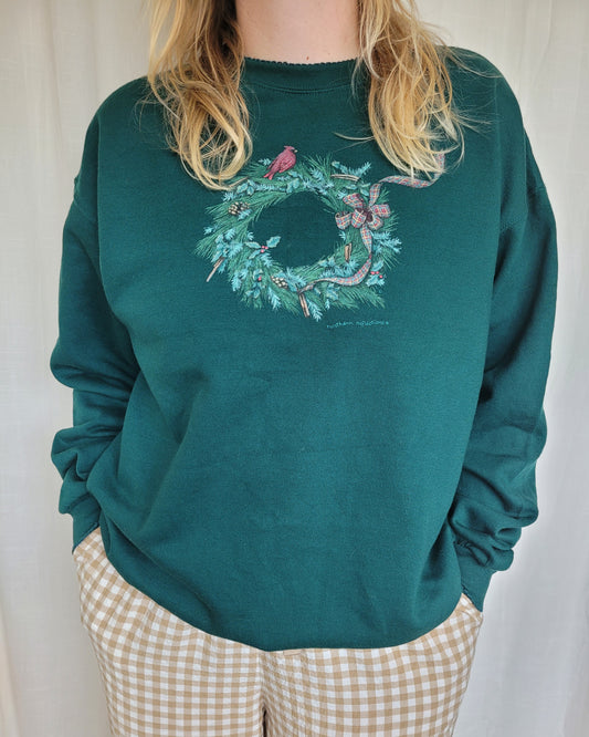 ❤️ Cardinal Christmas Wreath - vintage dark green crewneck sweater with wreath and red birds - size XL