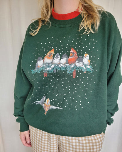 ❄️ Snowflake Songbirds - vintage dark green crewneck sweater with bird print - size XL
