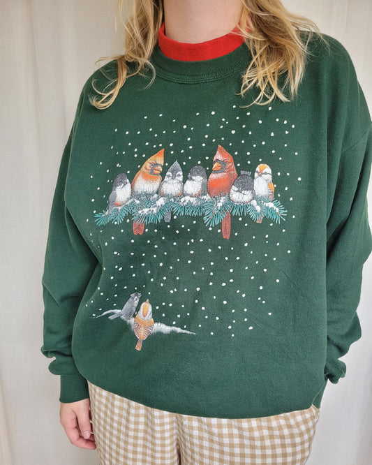 ❄️ Snowflake Songbirds - vintage dark green crewneck sweater with bird print - size XL