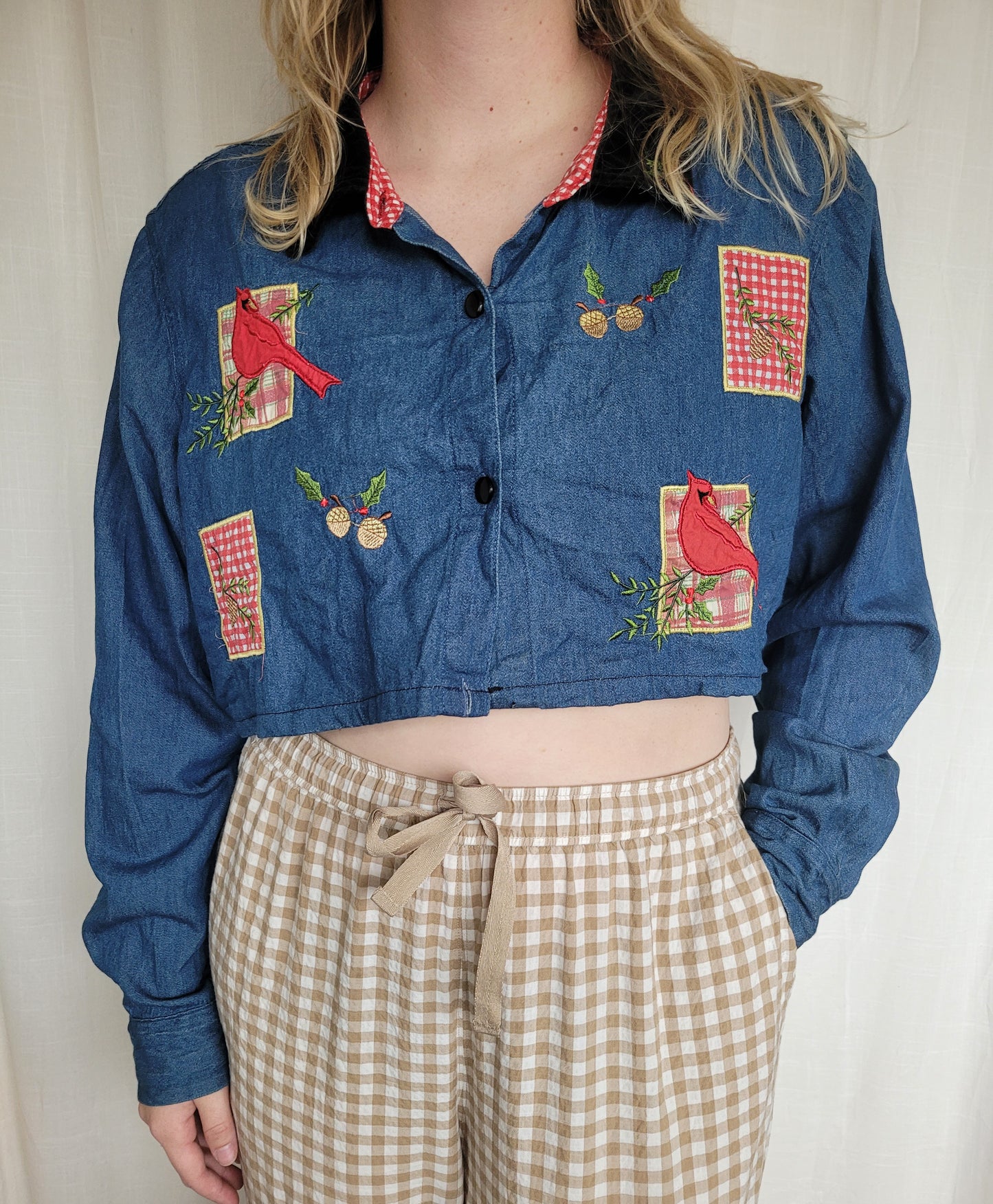 💙 Winter Songbird - vintage cropped/reworked denim blouse with christmas details - size XL/XXL