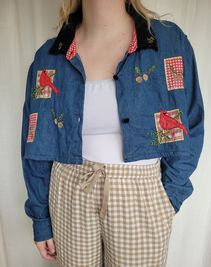 💙 Winter Songbird - vintage cropped/reworked denim blouse with christmas details - size XL/XXL