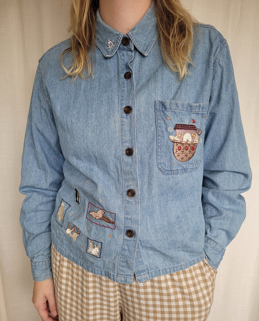 ✨ Snowy Forest Friends - lightblue vintage denim blouse with embroidered details - size L