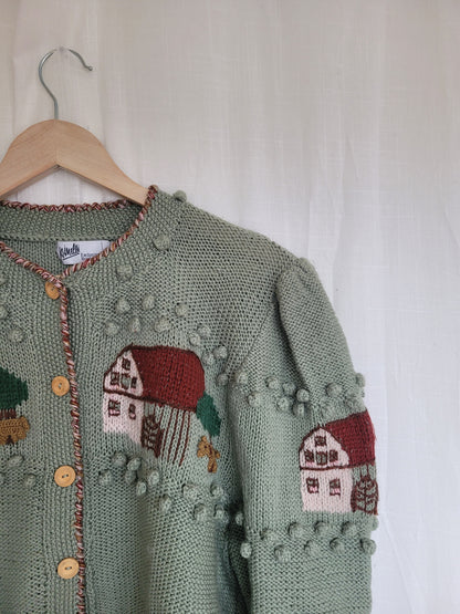 🏡 Farm in the Meadow - vintage knitted cardigan with farm design - size L