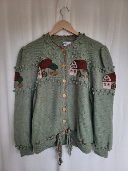 🏡 Farm in the Meadow - vintage knitted cardigan with farm design - size L