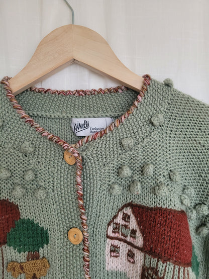🏡 Farm in the Meadow - vintage knitted cardigan with farm design - size L