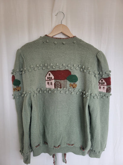 🏡 Farm in the Meadow - vintage knitted cardigan with farm design - size L
