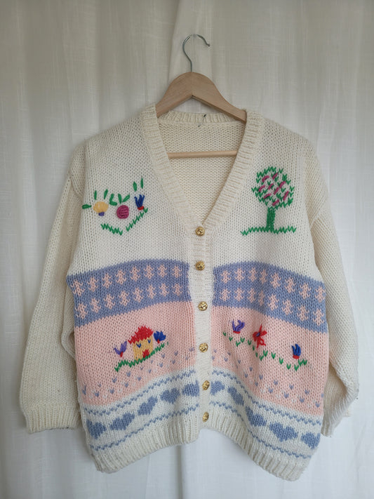 🏡 Homespun Hearts & Meadows - vintage knitted landscape cardigan - size M/L