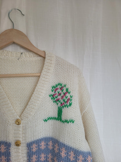 🏡 Homespun Hearts & Meadows - vintage knitted landscape cardigan - size M/L