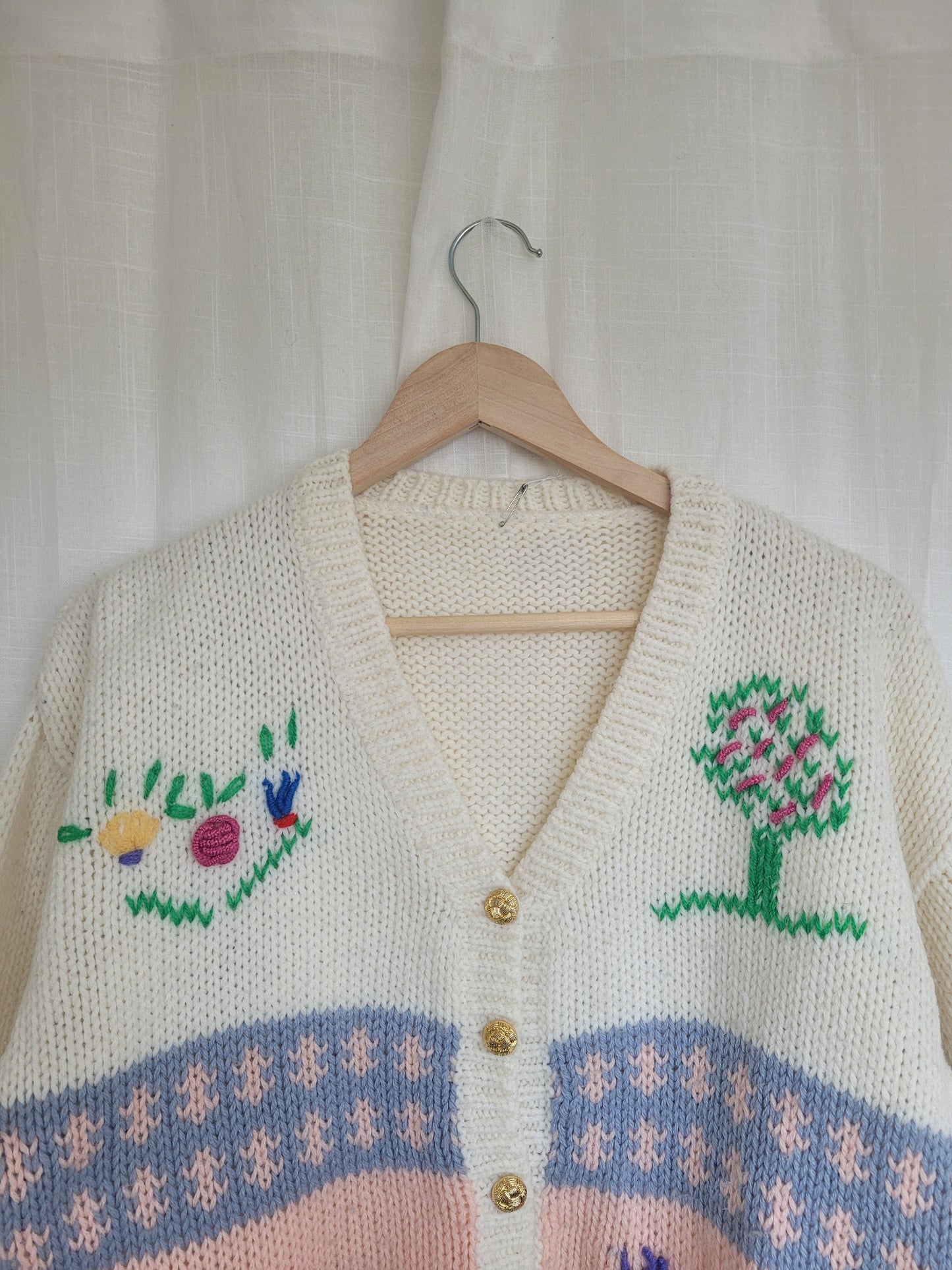 🏡 Homespun Hearts & Meadows - vintage knitted landscape cardigan - size M/L
