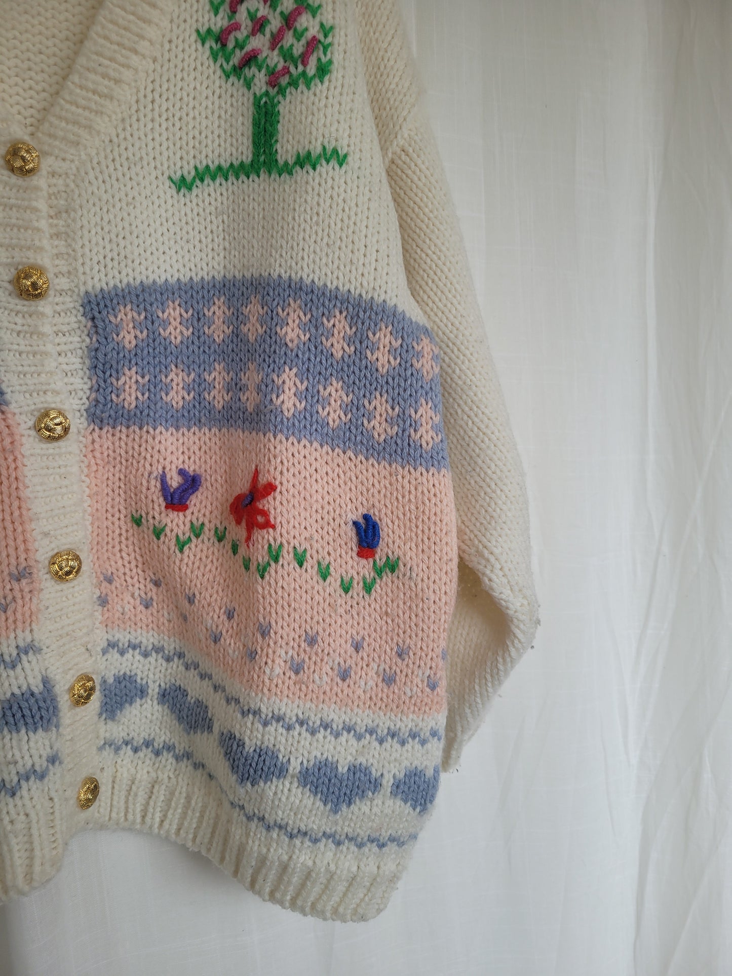 🏡 Homespun Hearts & Meadows - vintage knitted landscape cardigan - size M/L