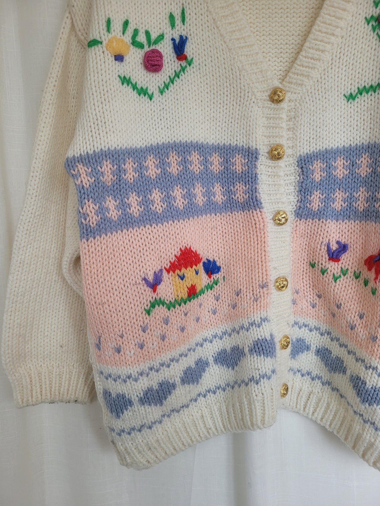 🏡 Homespun Hearts & Meadows - vintage knitted landscape cardigan - size M/L