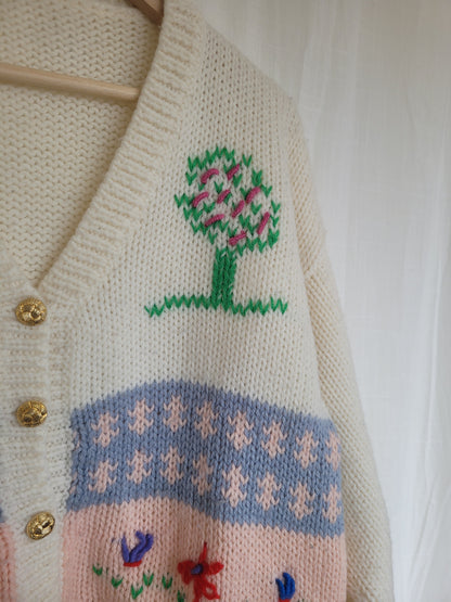 🏡 Homespun Hearts & Meadows - vintage knitted landscape cardigan - size M/L