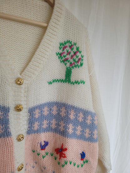 🏡 Homespun Hearts & Meadows - vintage knitted landscape cardigan - size M/L