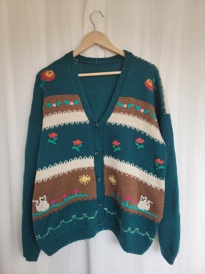 🌼 Whiskers in the Wildflower Patch - vintage knitted cardigan with cats and flowers - size XL