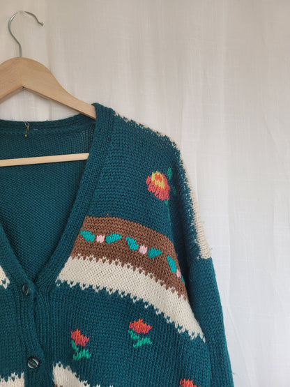 🌼 Whiskers in the Wildflower Patch - vintage knitted cardigan with cats and flowers - size XL