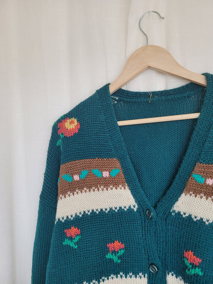 🌼 Whiskers in the Wildflower Patch - vintage knitted cardigan with cats and flowers - size XL