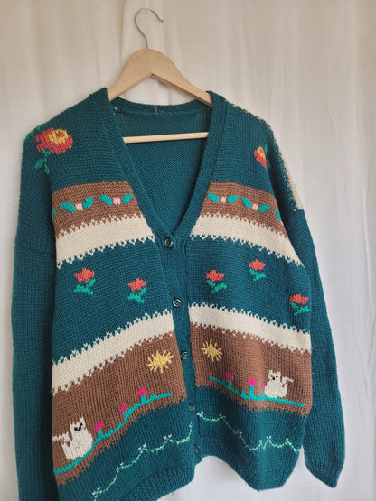 🌼 Whiskers in the Wildflower Patch - vintage knitted cardigan with cats and flowers - size XL