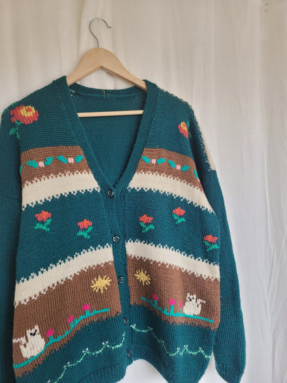 🌼 Whiskers in the Wildflower Patch - vintage knitted cardigan with cats and flowers - size XL