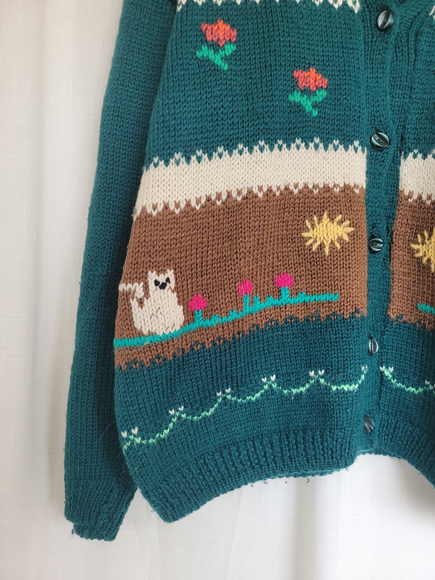 🌼 Whiskers in the Wildflower Patch - vintage knitted cardigan with cats and flowers - size XL