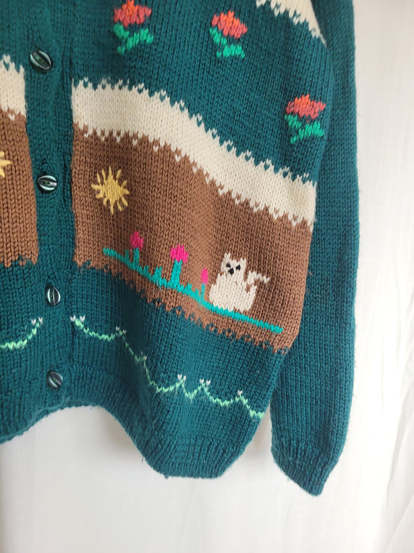 🌼 Whiskers in the Wildflower Patch - vintage knitted cardigan with cats and flowers - size XL