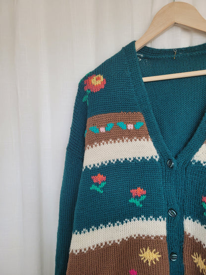 🌼 Whiskers in the Wildflower Patch - vintage knitted cardigan with cats and flowers - size XL