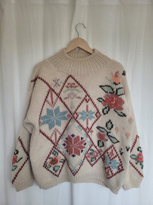 💗 Frosted Bloom Dreamscape - vintage knitted sweater with flowers and snowflakes - size XL