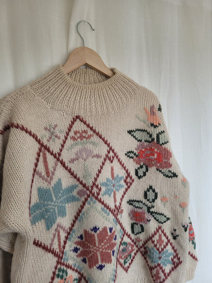 💗 Frosted Bloom Dreamscape - vintage knitted sweater with flowers and snowflakes - size XL